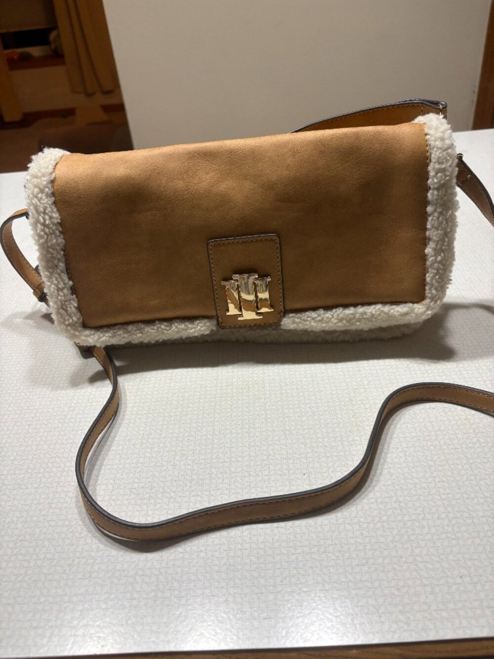 NWT Brown Leather and Sherpa edged International Concepts Satchel/Crossbody
